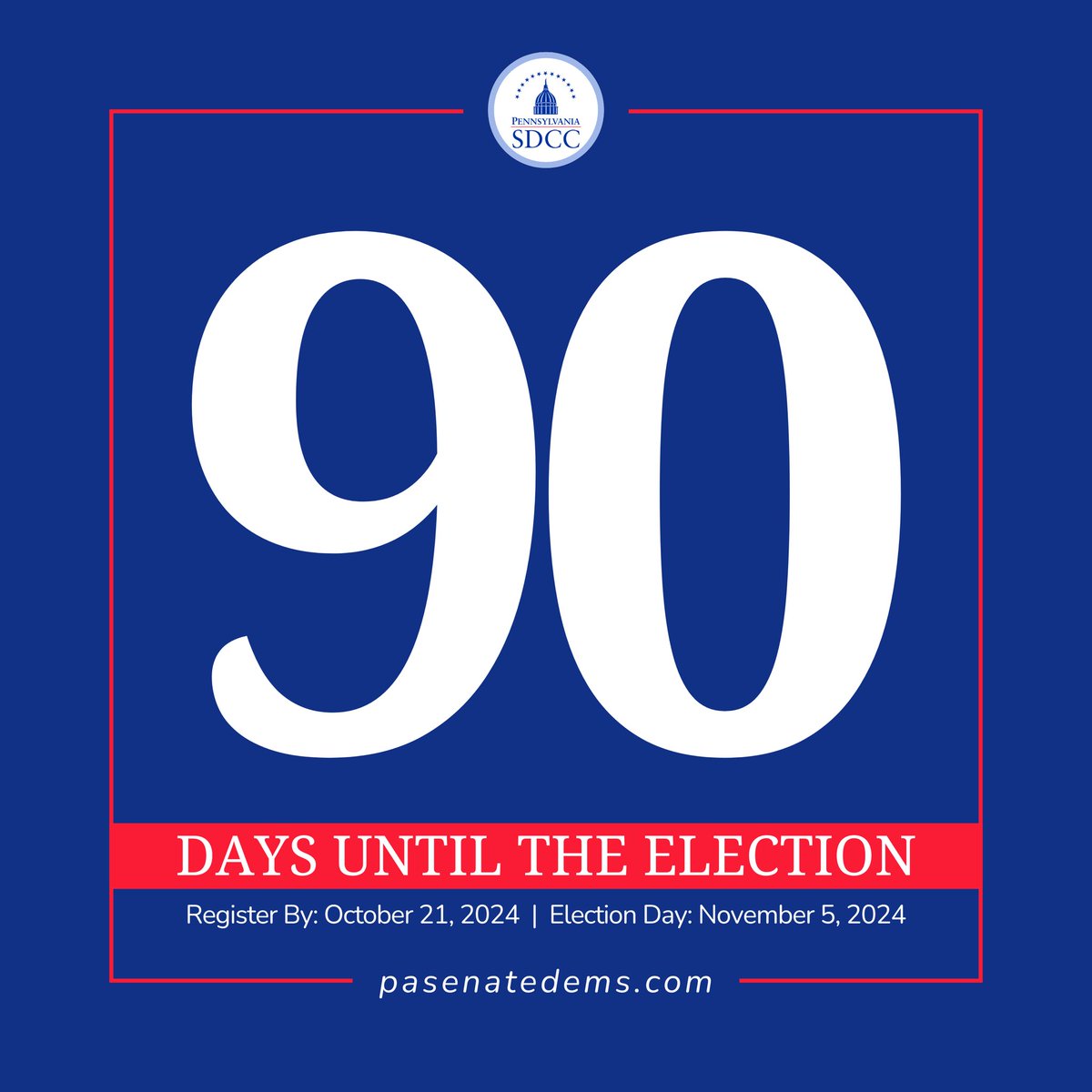 PaSDCC's tweet photo. The countdown is on! Only 90 days left until Election Day. Make sure you're registered to vote and ready to make your voice heard. Your vote is crucial for shaping Pennsylvania's future. ⏳ #CountdownToElection #PASDCC #YourVoteMatters https://t.co/yO34AgSkso