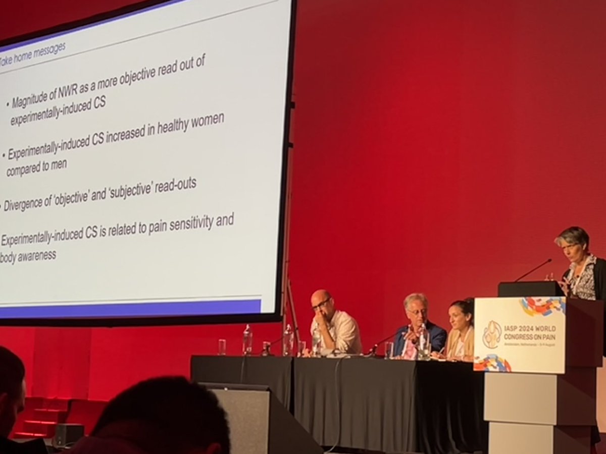 ⭐️Cutting-edge discussion of "central sensitization" to understand pain hypersensitivity at <a href="/IASPpain/">IASP</a>  #WC2024 ⭐️ Complex interactions between peripheral (body) neurons, brainstem, and 🧠brain -- influenced by psychology and autonomic nervous system. @head_like_egg <a href="/WiebkeGandhi/">Wiebke Gandhi</a>