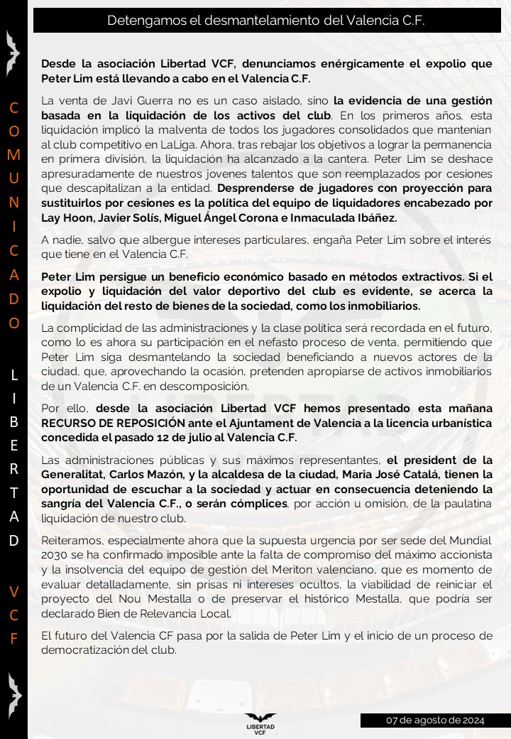 🚨🚨 COMUNICADO OFICIAL🚨🚨
Desprenderse de jugadores con proyección para sustituirlos por cesiones es la política del equipo de liquidadores encabezado por Lay Hoon, Javier Solís, Miguel Ángel Corona e Inmaculada Ibáñez (el MERITON valenciano).

Peter Lim persigue un beneficio