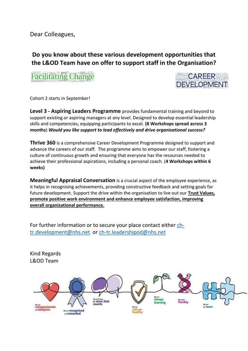 CHSDevelop's tweet photo. Dear Colleagues

Do you know about these various development opportunities that the L&amp;OD Team have on offer to support staff in the Organisation?

Please see the attached flyer with all the information you need.

Kind Regards

L&amp;OD Team https://t.co/6pusf1Ja5c