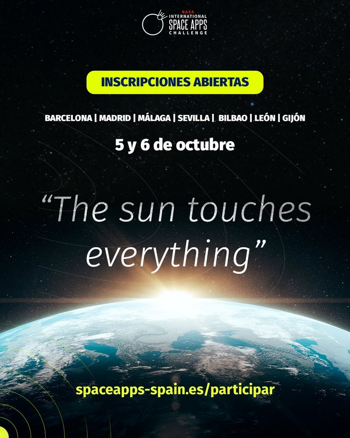 aemprende's tweet photo. 🛸 INSCRIPCIONES ABIERTAS para #SpaceAppsChallenge @SpaceApps @NASA

🌐 El hackathon a escala global que se celebrará 🗓️ 5 y 6 octubre de forma simultánea en varias ciudades. 

📍 #Sevilla y #Málaga ↔️ Ciudades elegidas en #Andalucía

🆙Participa!

➕info: https://t.co/2wPVQCZyYr https://t.co/bSPbIw7GN3