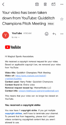 Warner issued a copyright strike on our pitch meeting video... It's such a bummer. We are seeing about getting the video back up but this is the worst response they could've taken.

 We hope to have the video open to you all again!