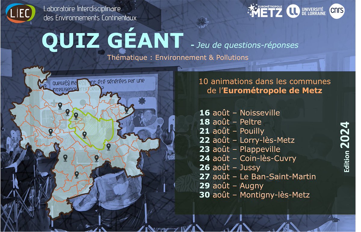 LIEC (@labo_liec) on Twitter photo Découvrez les recherches menées au labo en participant à un QUIZ géant sur des thématiques d’Environnement & Pollutions !
Pour toutes et tous à partir de 8ans 🙌
📍dans 10 communes de <a href="/EuroMetroMetz/">Eurométropole de Metz</a>
🗓️16 -30 août 2024
Liste des événements et infos :
echosciences-grandest.fr/dossiers/envir… Découvrez les recherches menées au labo en participant à un QUIZ géant sur des thématiques d’Environnement & Pollutions !
Pour toutes et tous à partir de 8ans 🙌
📍dans 10 communes de <a href="/EuroMetroMetz/">Eurométropole de Metz</a>
🗓️16 -30 août 2024
Liste des événements et infos :
echosciences-grandest.fr/dossiers/envir…