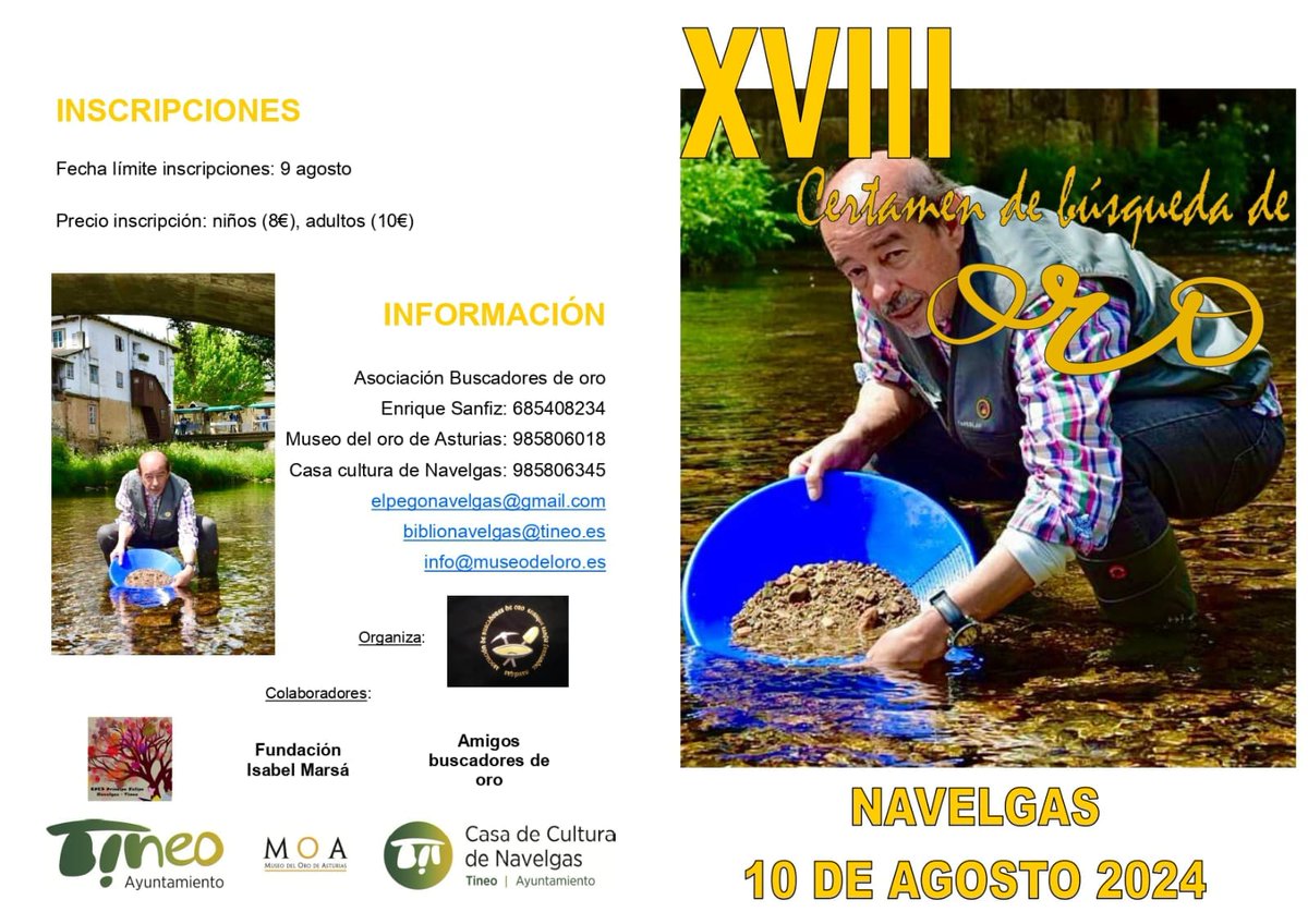 𝐂𝐞𝐫𝐭𝐚𝐦𝐞𝐧 𝐝𝐞 𝐁𝐮́𝐬𝐪𝐮𝐞𝐝𝐚 𝐝𝐞 𝐎𝐫𝐨 "𝐄𝐧𝐫𝐢𝐪𝐮𝐞 𝐒𝐚𝐧𝐟𝐢𝐳"
Si quieres adentrarte en el mundo del bateo de oro el sábado 10 de agosto se organiza una salida al río.

📍 Navelgas 
#Tineo #Asturias