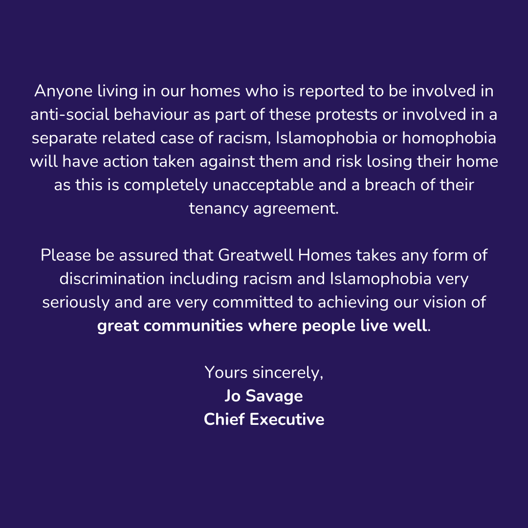 A statement from our Chief Executive, Jo Savage, regarding the civil disturbances.