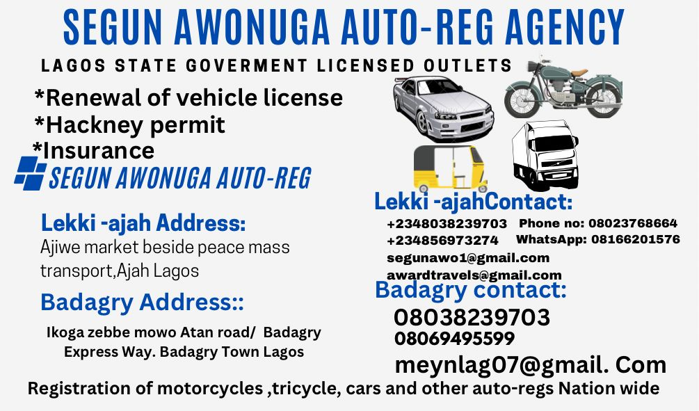 AwonugaOyinlola's tweet photo. Hello friends/fam, trust our Auto-Reg Agency for:
Renewal of Vehicle License
Hackney Permit
Insurance
Contact: +2348038239703
See attached flyer for details:
@lotufodunrin @DipsOfficial_ @Gibby_dave1
#Sofripowercard
#InvestInValue https://t.co/UxWEebSLrn