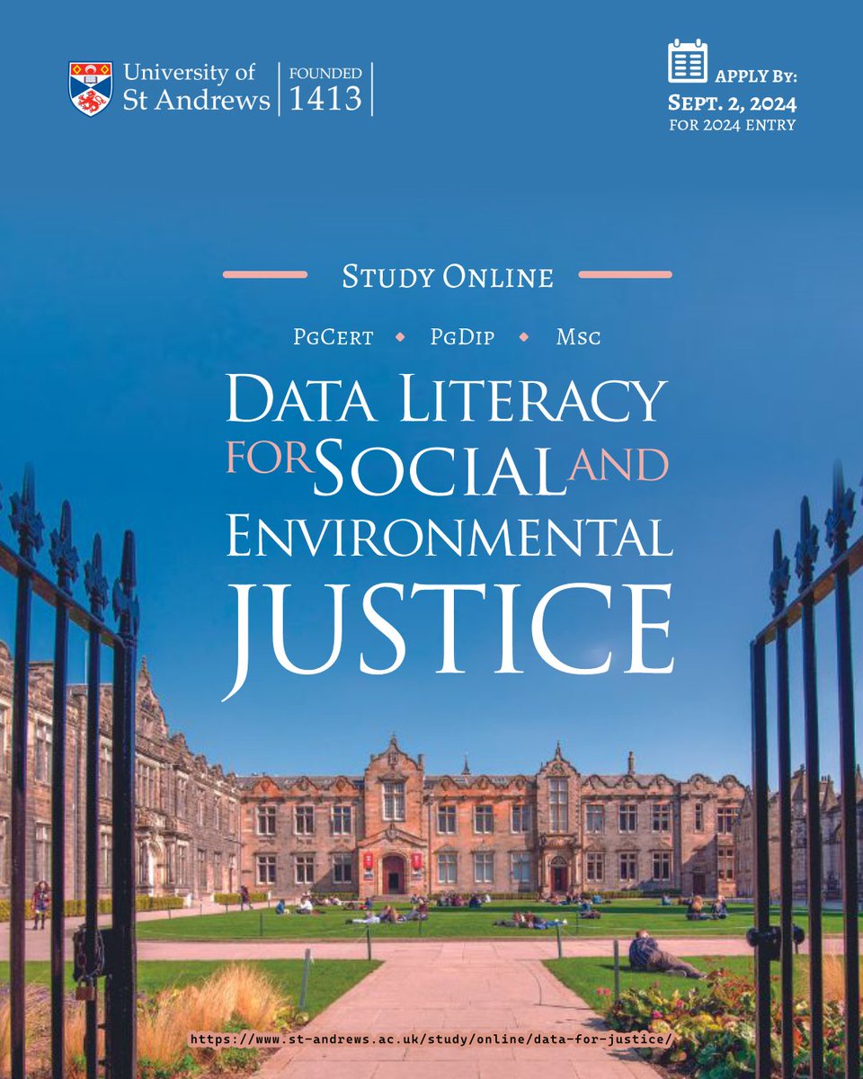 Data4JusticeStA's tweet image. Want to become a pro at #DataLiteracy📊, #SocialDataScience, #SciComm📡 &amp;amp; #PublicEngagement?

🌍Are you passionate about #SocialJustice or #EnvironmentalChange? 

🗓️ Apply to join our flexible/online #PgCert/#PgDip/#MSc programme by September 2, 2024.

🔗 st-andrews.ac.uk/subjects/geogr…