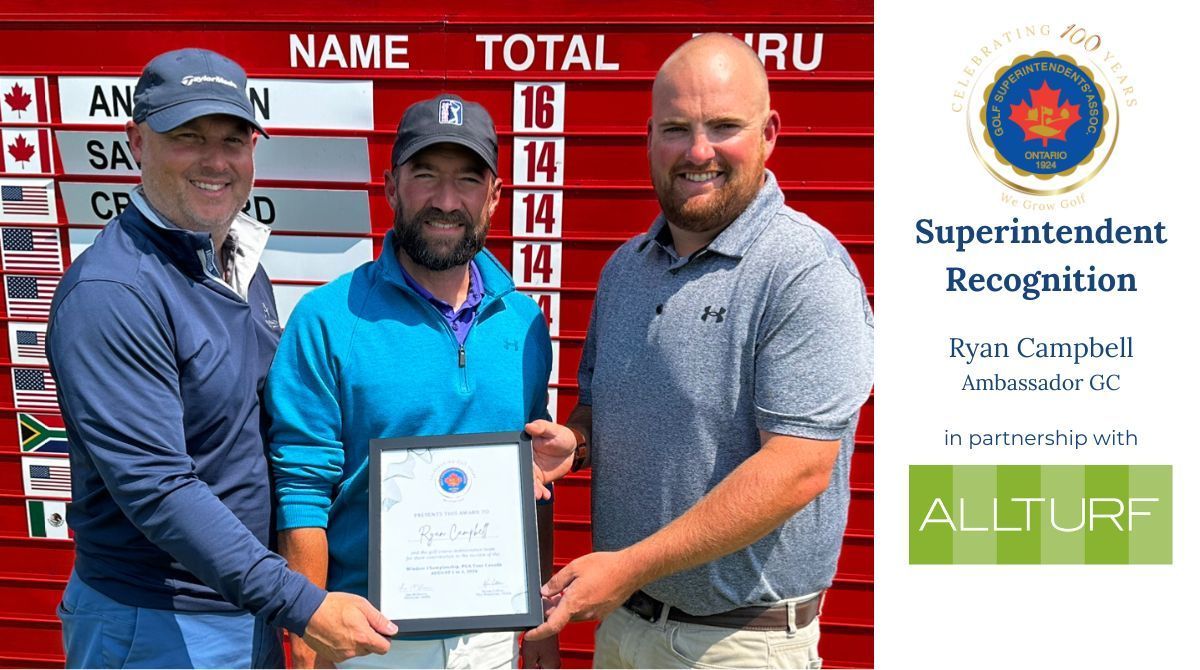 #OGSA Director <a href="/Greg_Brown28/">Greg Brown</a> &amp; <a href="/Allturf_Ltd/">Allturf</a> Rep Steve Hatch, recognized Ambassador GC Super, Ryan Campbell &amp; his team for their outstanding efforts in preparing the course for the <a href="/PGATOURAmericas/">PGA TOUR Americas</a> BioSteel Championship! Congrats! #TodayInOntario #SuperRec #OntarioSupers