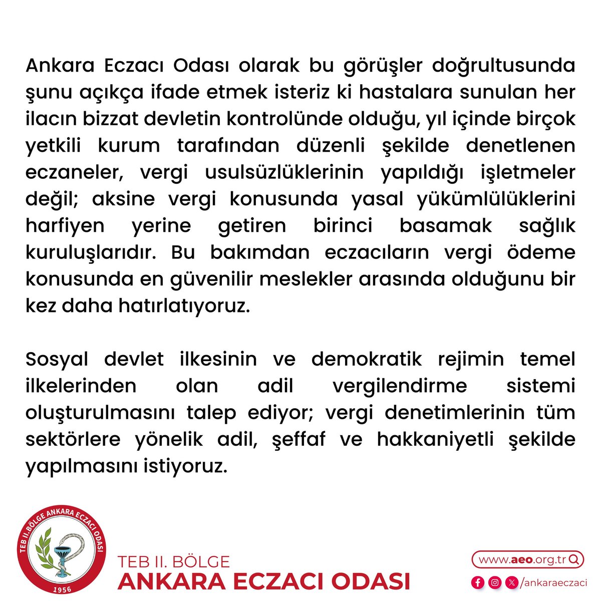 Vergi Denetimlerinde Adalet İstiyoruz!

Hazine ve Maliye Bakanlığı'nın eczanelere yönelik denetimleri hakkındaki açıklamamıza ulaşmak için tıklayınız. 👉🏻l24.im/dL03tKa