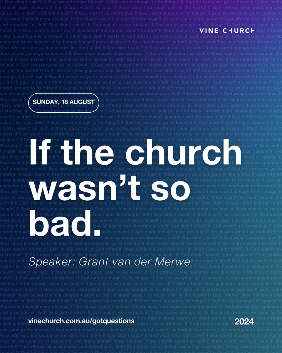 vinesydney's tweet photo. We’d love to see you and your friends this Sunday as we kick off our new Got Questions series and consider whether faith in God is nonsense or good news!⁠ 
⁠
https://t.co/7ddp9u7Msv https://t.co/nX4H9SdPQf