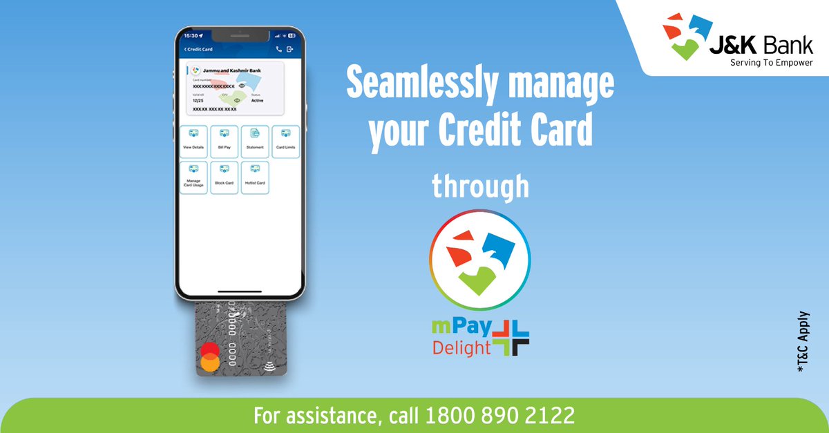 JandKBank's tweet photo. Track your Credit Card with ease through mPay Delight +. Access various services like bill payments, statements, limit management and much more. Download the app now!
loS: https://t.co/kOhGUKTBzb
Android: https://t.co/5d5CkTzyfk

#JKBank #mPayDelight+ https://t.co/GlMcbJFZYE