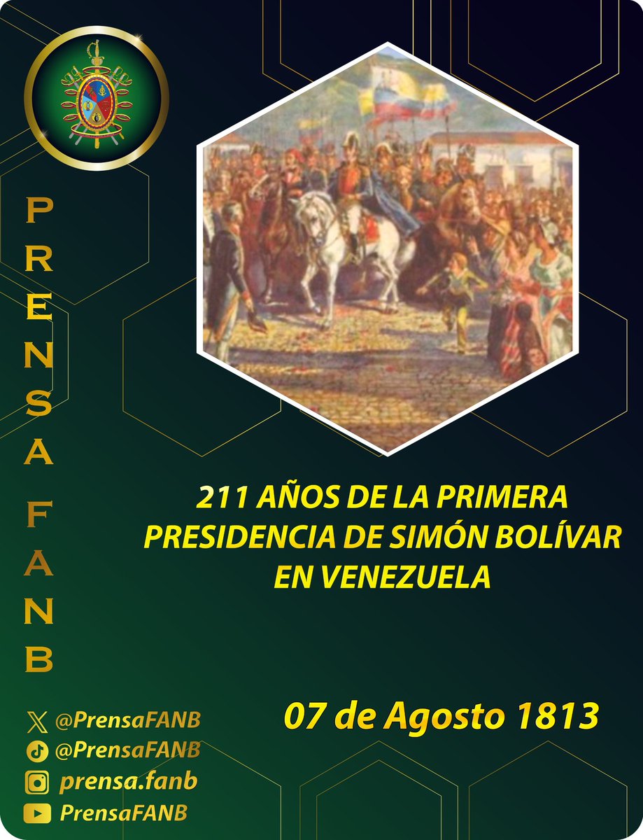 🗓️ #07Ago || El 7 de agosto es una fecha simbólica en la historia de Venezuela, pues se conmemora un año desde que el libertador de ese país, Simón Bolívar, en el año 1813, se convirtiera en presidente de la República. Desde Mérida, lugar donde fue proclamado "LIBERTADOR",