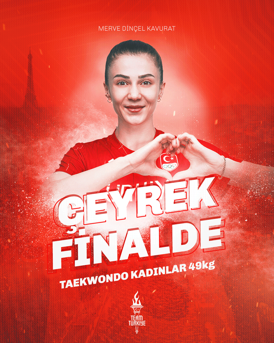 TeamTurkiye's tweet photo. #Paris2024 Olimpiyat Oyunları'nda milli taekwondocumuz Merve Dinçel Kavurat, kadınlar 49kg son 16 turunda İtalya'dan Ilennia Elisabetta Matonti'yi 5-1 ve 3-1 raund sonuçlarıyla 2-0 yenerek çeyrek finale yükseldi.🥋

🇹🇷Sporcumuz, çeyrek finalde Çin'den Quing Guo ile saat 15.45'te karşılaşacak.