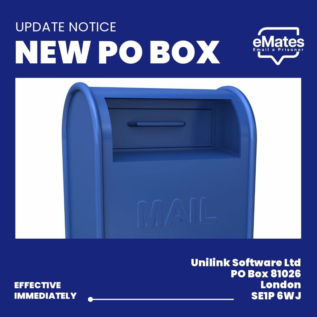 PrisonTechnolog's tweet photo. We have a new PO Box address!
Unilink Software Ltd
PO Box 81026
London
SE1P 6WJ
We appreciate your attention to this update. Thank you for your continued support!
#UpdateNotice #POBoxChange #eMates #EmailAPrisoner
https://t.co/ncUWwa10rO https://t.co/SG2lGjhBfw