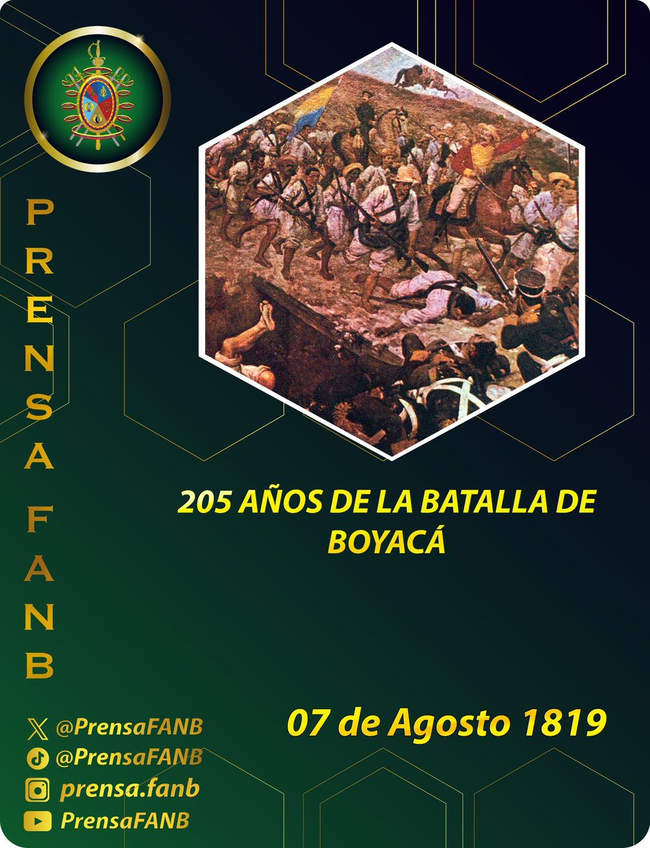🗓️ #7Ago || La Batalla de Boyacá o también conocida como la Batalla del puente de Boyacá, fue un acontecimiento que tuvo lugar el día 7 de agosto de 1819 en el cruce del río Teatinos, en inmediaciones de Tunja. Se convirtió en la batalla más importante en la historia de la