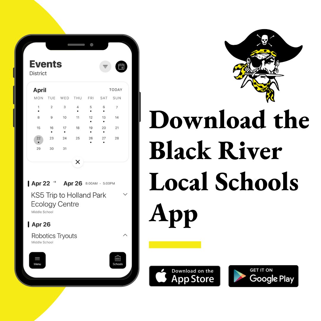 Stay up to date this upcoming school year by downloading our Black River app!

It features upcoming events, district live feed, lunch menus, and other important information all in one place.

Find it by visiting the app store and searching “Black River Local Schools."
