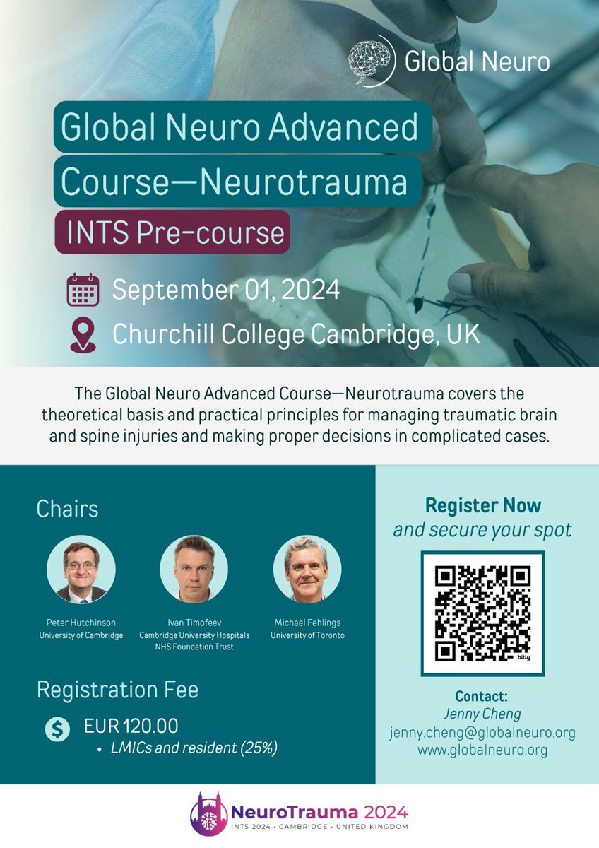 Dear friends, if you are attending INTS meeting in Cambridge, UK 🇬🇧 do not forget to register also for the #GlobalNeuro course on September 1st! 
It will be highly educational and interactive!
<a href="/The_SBNS/">SBNS</a> <a href="/pja_hutch/">Peter Hutchinson</a> <a href="/DrFehlings/">Michael G. Fehlings</a> <a href="/GlobalNeuroOrg/">Global_Neuro</a> <a href="/WFNSHQ/">WFNS</a> <a href="/EANSonline50/">European Association of Neurosurgical Societies</a> <a href="/Cambridge_Uni/">Cambridge University</a>