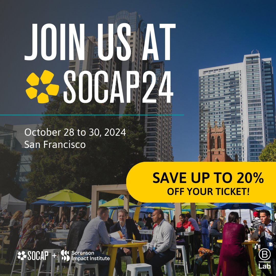 B Lab is thrilled to be at #SOCAP24 in San Francisco from October 28-30, where changemakers from every sector come together to drive transformative change for people and the planet!

🎟️ B Corps, grab an exclusive 20% discount on SOCAP24 tickets here: bit.ly/3zxgXMC.