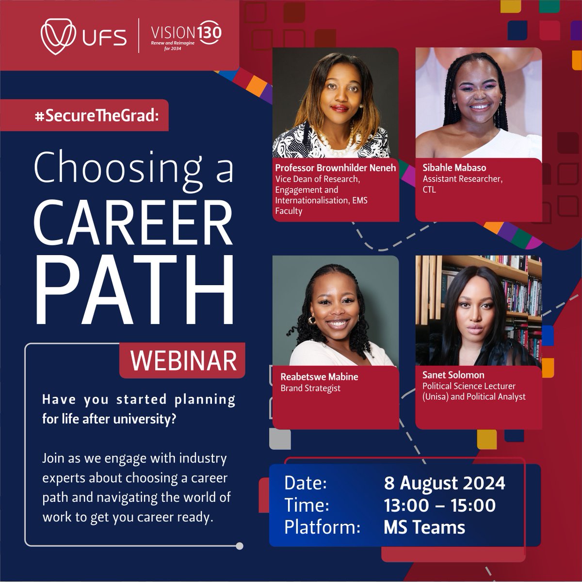 UFSweb's tweet photo. Empower your career journey! Join our Choosing a Career Pathway and Navigating the World of Work webinar to explore career options.
Date: 8 August 2024
Time: 13:00 – 15:00
Platform: Microsoft Teams
Sign up here: https://t.co/IVh3JxXWpN
#WomenInLeadership #UFSAlumni https://t.co/fYpw8SaXsm
