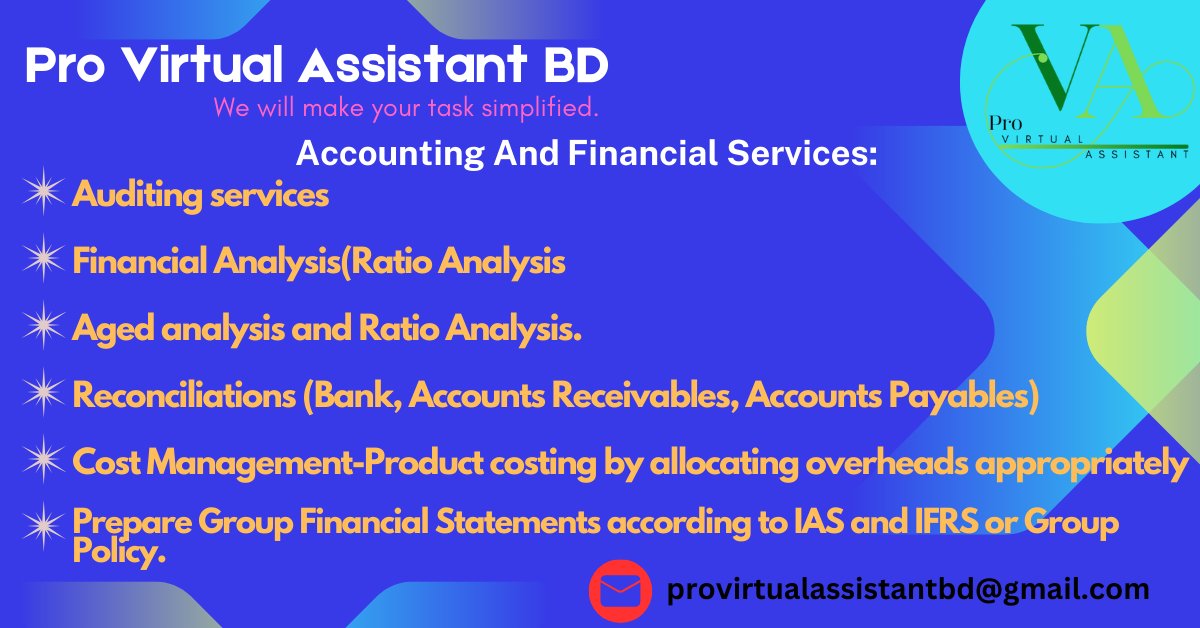 pro_virtual_ast's tweet image. &quot;Accounting and Finance Services ensure precise financial management, compliance, and strategic planning for business growth and stability.&quot;
Email: provirtualassistantbd@gmail.com
#woocommercecsv #accounting #bankstatement #bankreconciliation #financeservice #accountingservice