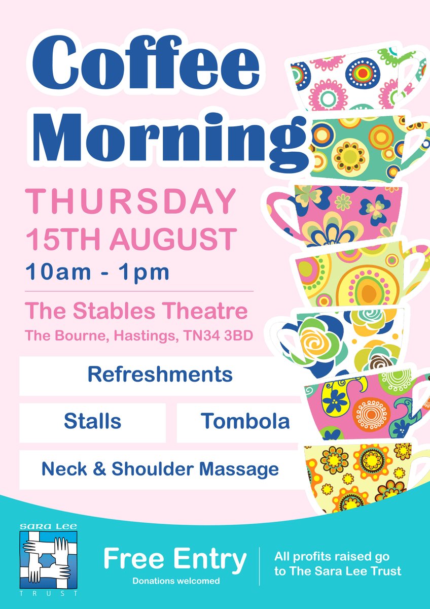 Join us next Thursday for Coffee and Cake at <a href="/stablestheatre/">The Stables Theatre</a> in #Hastings old town.

Not only will there be plenty of delicious homemade cake, but you can treat yourself to a hand massage or neck, back &amp; shoulder massage in exchange for a donation to the Trust.