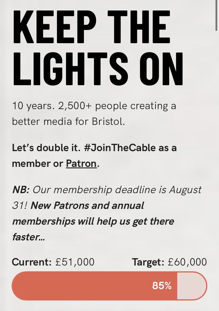 ElizMizon's tweet photo. It’s crunch time for @TheBristolCable…
We’re now 85% to our membership target with a couple of weeks left 😮🤩🫣
Find out what happens if we meet it and what we’re doing for #Bristol in the comments👇
#JoinTheCable today (but like,actually do it today!) https://t.co/nPaJMWGP9C https://t.co/Z2F0y9MqHL