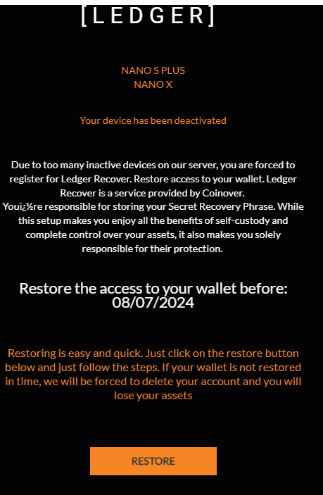 Big_Al_137's tweet photo. "Due to too many inactive devices on our server, you are forced to register for #Ledger Recover.  Restore access to your wallet"   

#Sigchains doesn't have this problem .. on $NXS

#Bitcoin #Ethereum https://t.co/L0KQE7pJCn