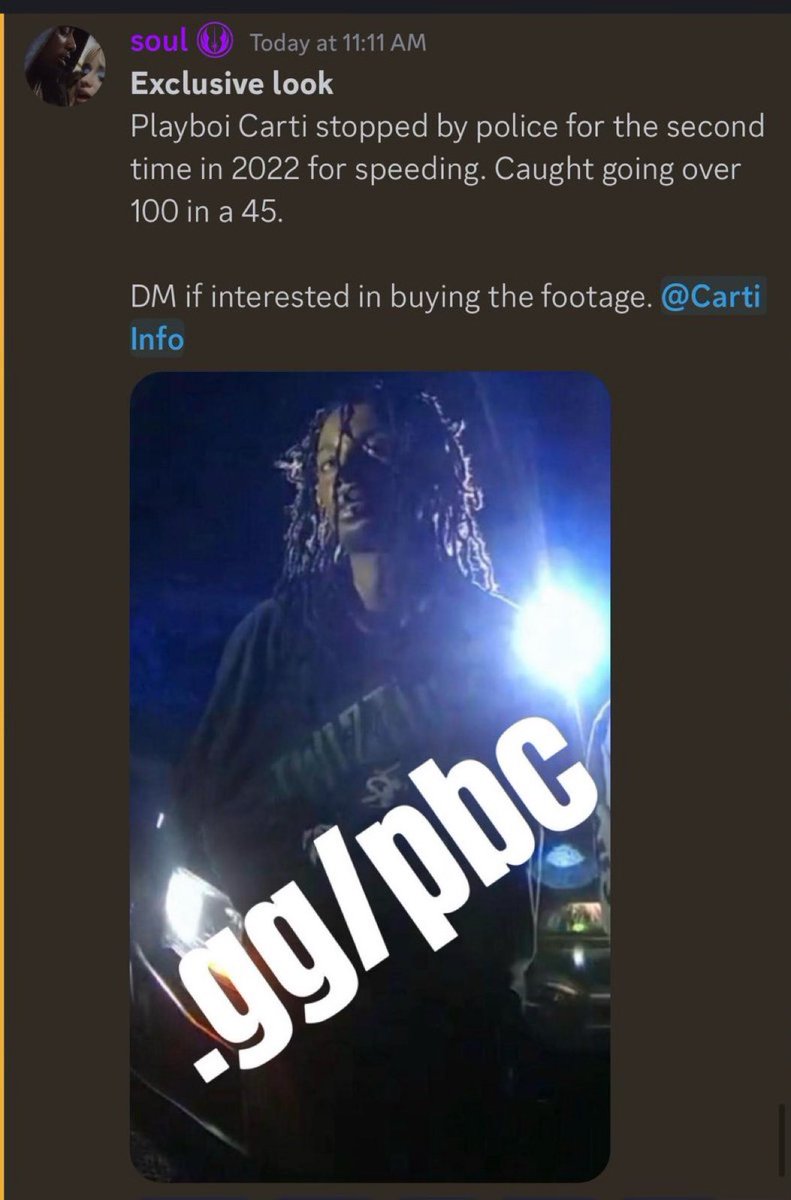 vic_sproles_43's tweet photo. Playboi Carti discord is currently selling bodycam footage of him being stopped by the police for speeding 😭 https://t.co/wDTiymULIb