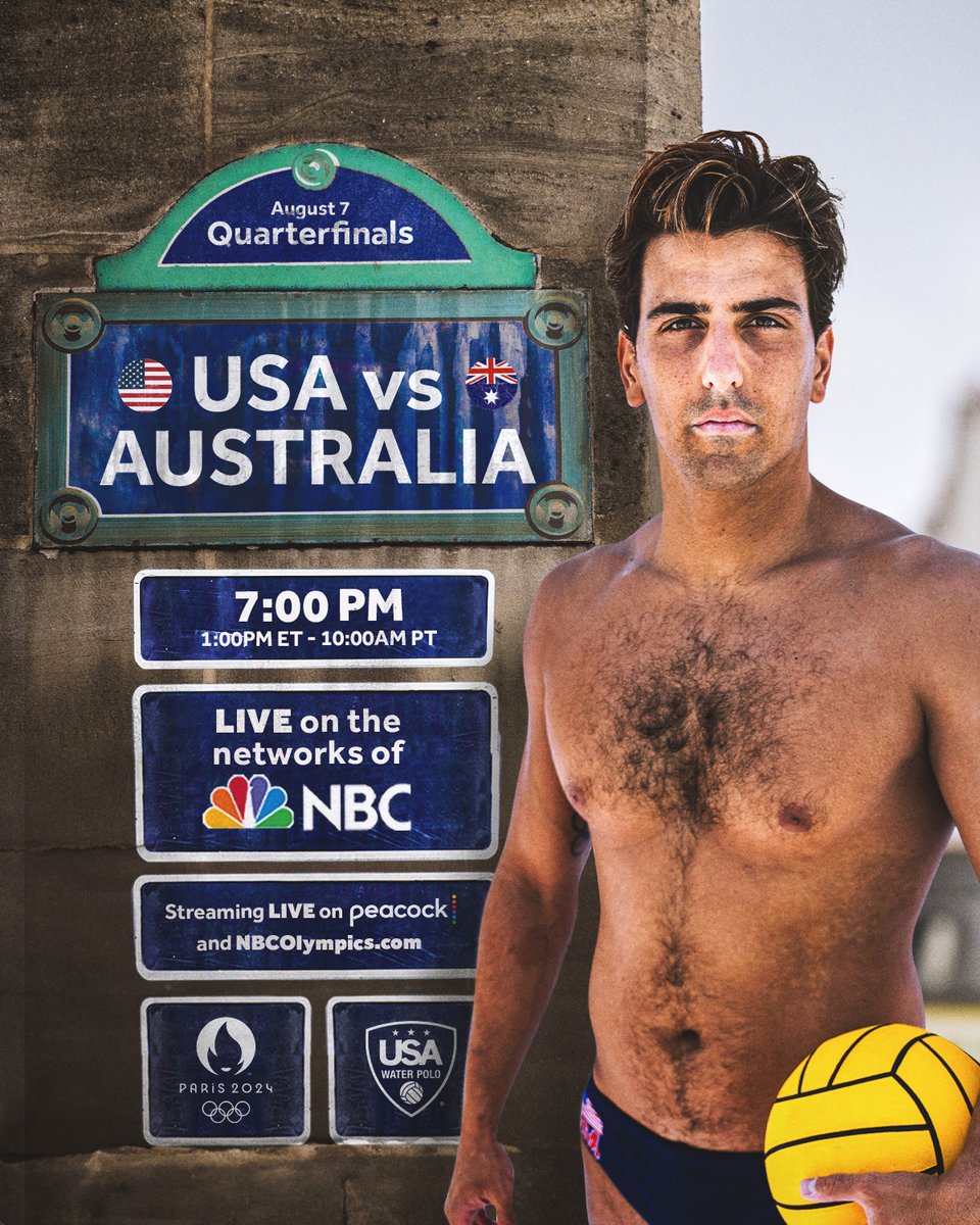 USAWP's tweet photo. It’s GAMEDAY at #Paris2024

The @TeamUSA Men are into the quarterfinal round! Winner goes to the top four.

Team USA Men 🇺🇸 vs Australia 🇦🇺 (Quarterfinal)
📍Paris, France (Paris La Defense Arena)
⏰7:00pm Paris/1:00pm et/10:00am pt
📺@USANetwork or @peacock 
https://t.co/TH5YFK9eVT
📈 https://t.co/9hSvpEK0md

#RiseAbove Go USA! #waterpolo #Olympic