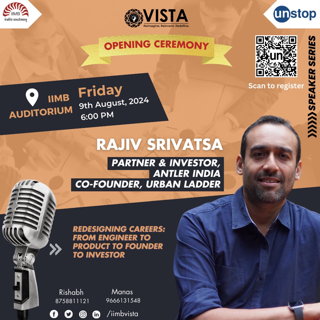 Get Ready for the Inaugural Ceremony of Vista 2024! 🚀🎉 
We’re thrilled to announce that Rajiv Srivatsa – Partner &amp; Investor at Antler India and Co-founder of Urban Ladder – will be delivering the inaugural address at Vista’s opening ceremony! 🌟
#Vista2024 #InauguralCeremony