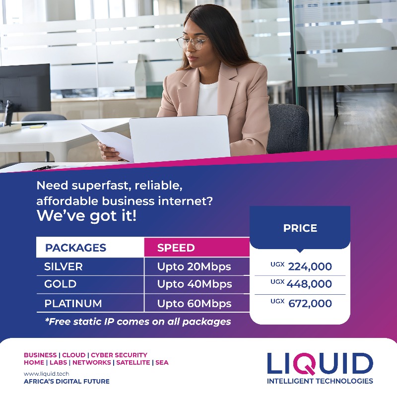 If you run an SME, here is a great opportunity to do business on a smooth, affordable and reliable internet. Run your internal or cloud applications effectively on our new packages with a free static IP and doubled internet speeds. Click to sign up onboarding.liquidtelecom.co.ug
