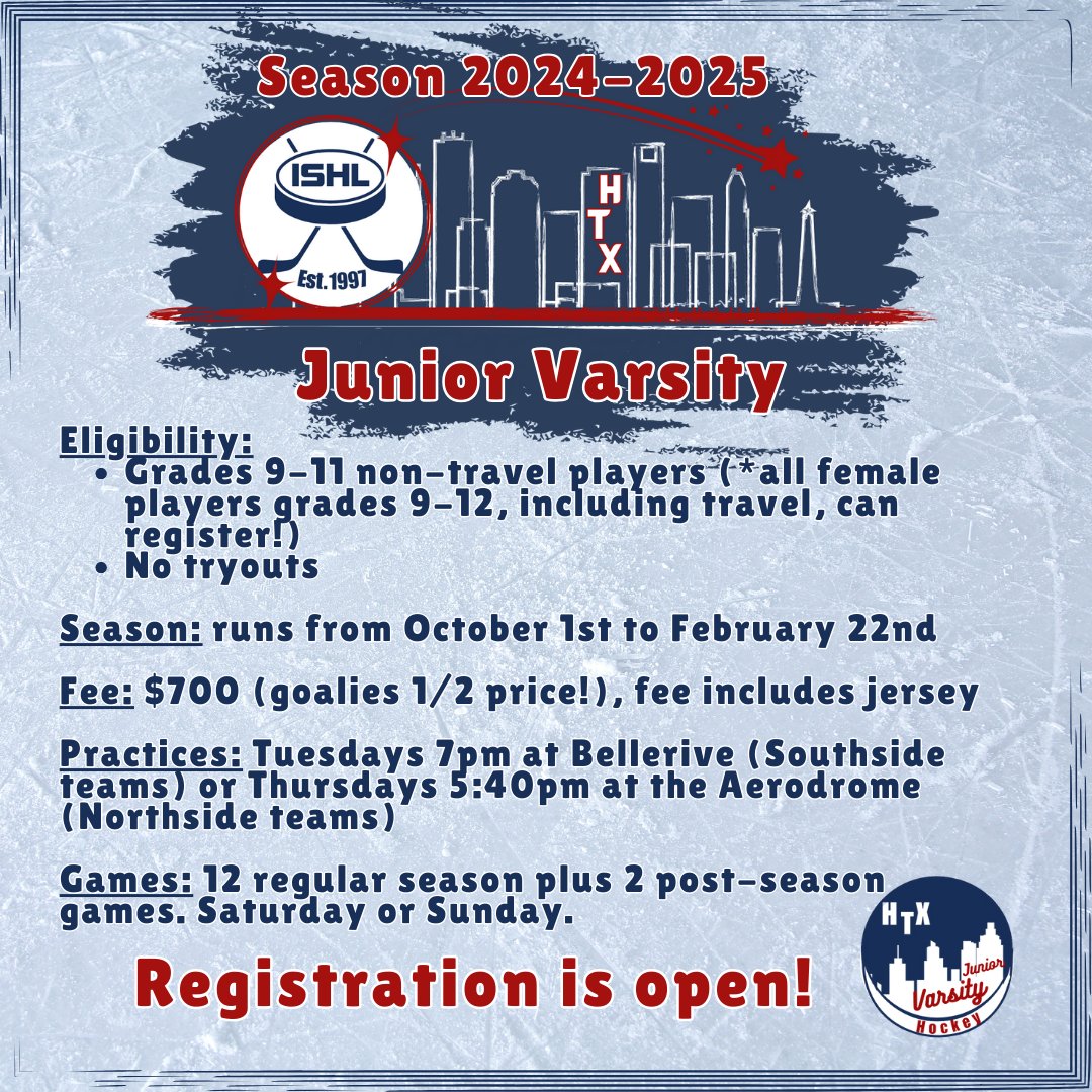 ISHLHouston's tweet photo. Registration for JV league is open on the ISHL website. https://t.co/gkbtPSCr2W