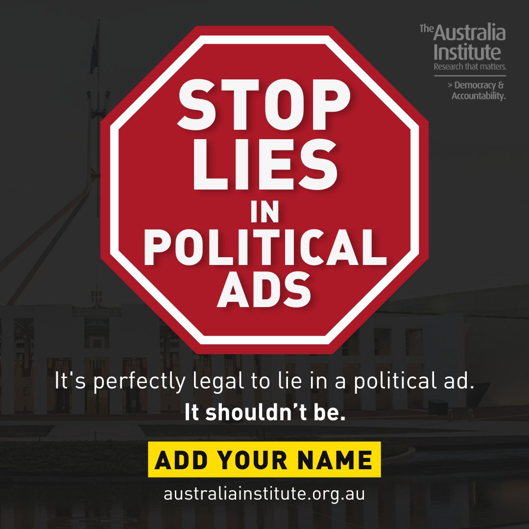 TheAusInstitute's tweet photo. With a federal election around the corner, it is still legal to lie in political ads. This weakens our democracy.
🎯 South Australia and the ACT have shown it can be done. It is time for truth in political advertising laws.
Add your name: https://t.co/seWE8NV0Li
#auspol https://t.co/o28is4WuSi
