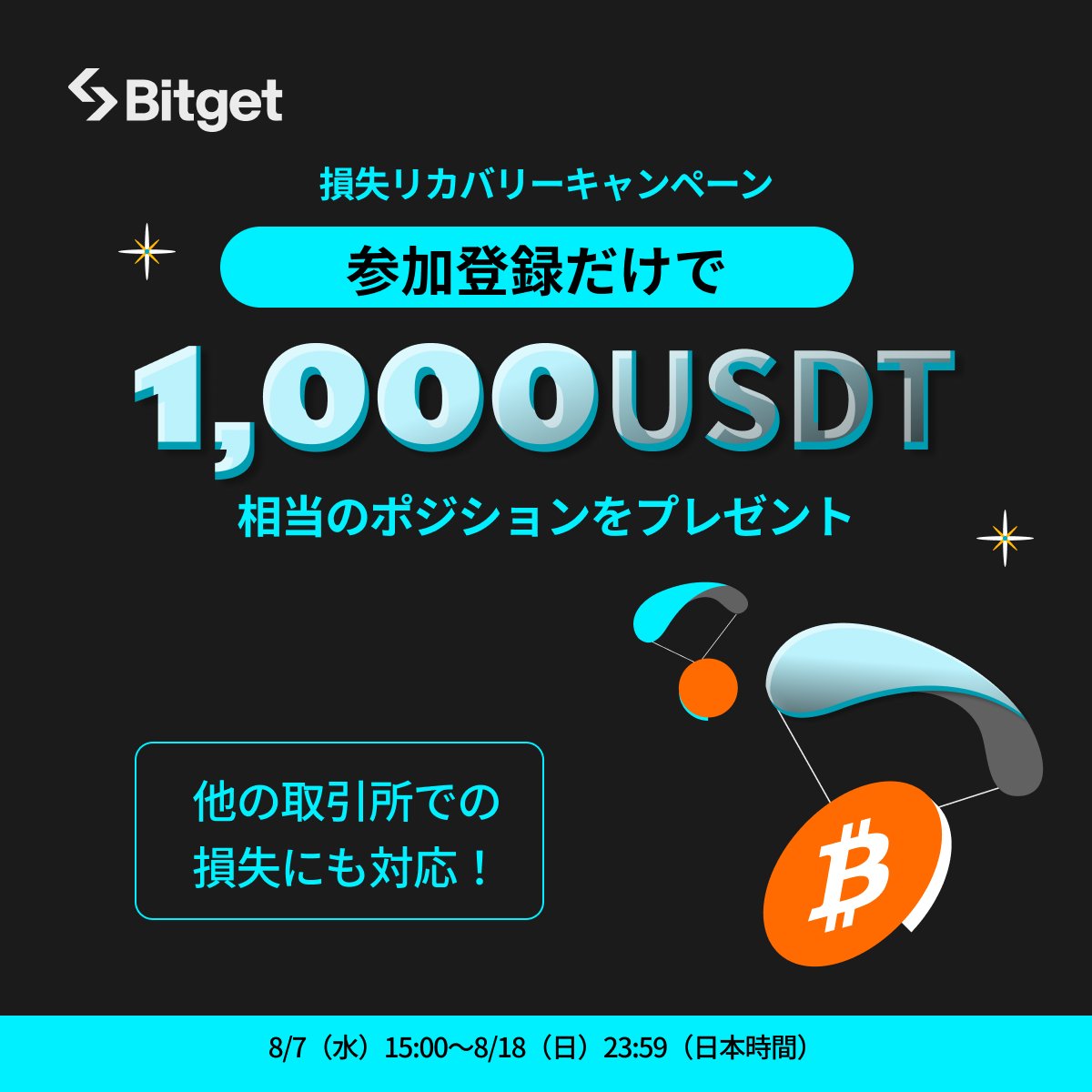 【🔥損失リカバリーキャンペーン🔥】

今回の仮想通貨市場の下落で損失を被った方を応援するために損失リカバリーキャンペーンを開始しました🎊

そしてこの投稿を「いいね」&amp;「リポスト」してくださった方に抽選で10 $USDT をプレゼントします✨😍✨

🎁プレゼント企画応募方法(抽選で5名様）
