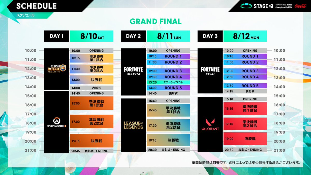 stage0_jp's tweet photo. ⏰タイムテーブル公開⏰

#ステージゼロ 全国大会グランドファイナル👑

📅8/10(土)
#クラロワ 部門
#オーバーウォッチ2 部門

📅8/11(日)
#フォートナイト バトルロイヤル部門
#LoL 部門

📅8/12(月)
#フォートナイト ゼロビルド部門
#VALORANT 部門

8/11(日)は #ホロライブ のトークイベントも🗣️🎇 https://t.co/FDw0DZbwDj