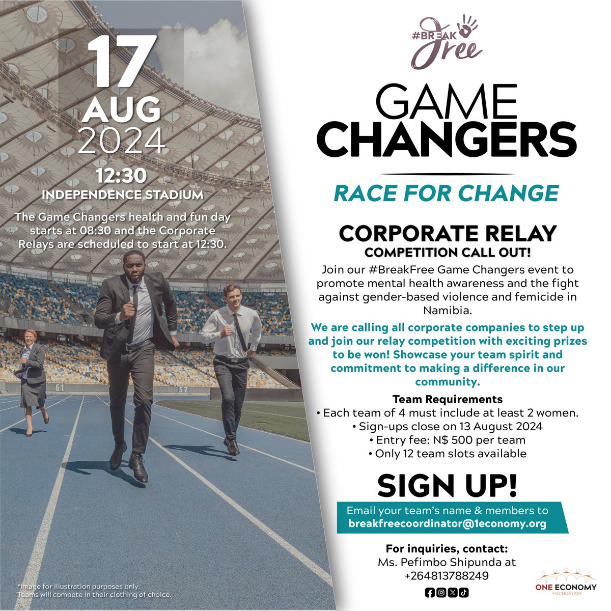 BeFreeBreakFree's tweet photo. 📢 Calling all companies! Join us at the #BreakFree Game Changers fun day for a Corporate Relay on 17 Aug 2024. Show your team spirit and support a great cause.

📩 Send your team details to breakfreecoordinator@1economy.org to sign up.

🗓️ Deadline is 13 Aug '24

#GameChangers https://t.co/7oqi6A9HPO