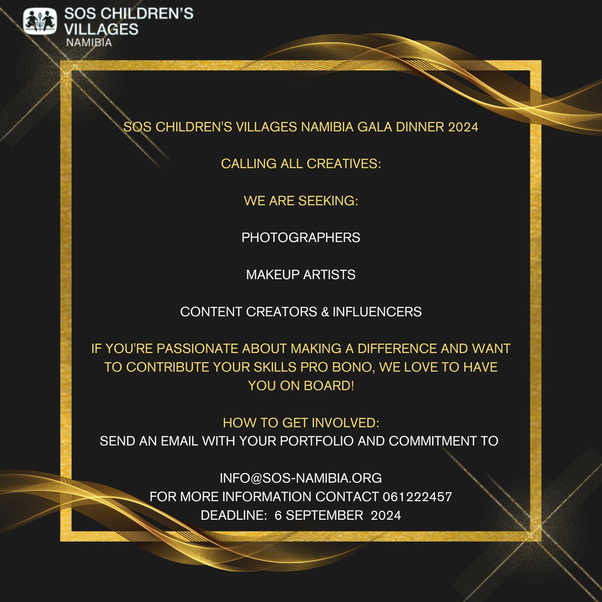SOSCVNAMIBIA's tweet photo. SOS Children’s Village invites expressions of interest for Pro-Bono services for our upcoming Annual Gala Fundraising Dinner. #SOSCVN #Buildavillageofhope https://t.co/YKXgwbuYvW