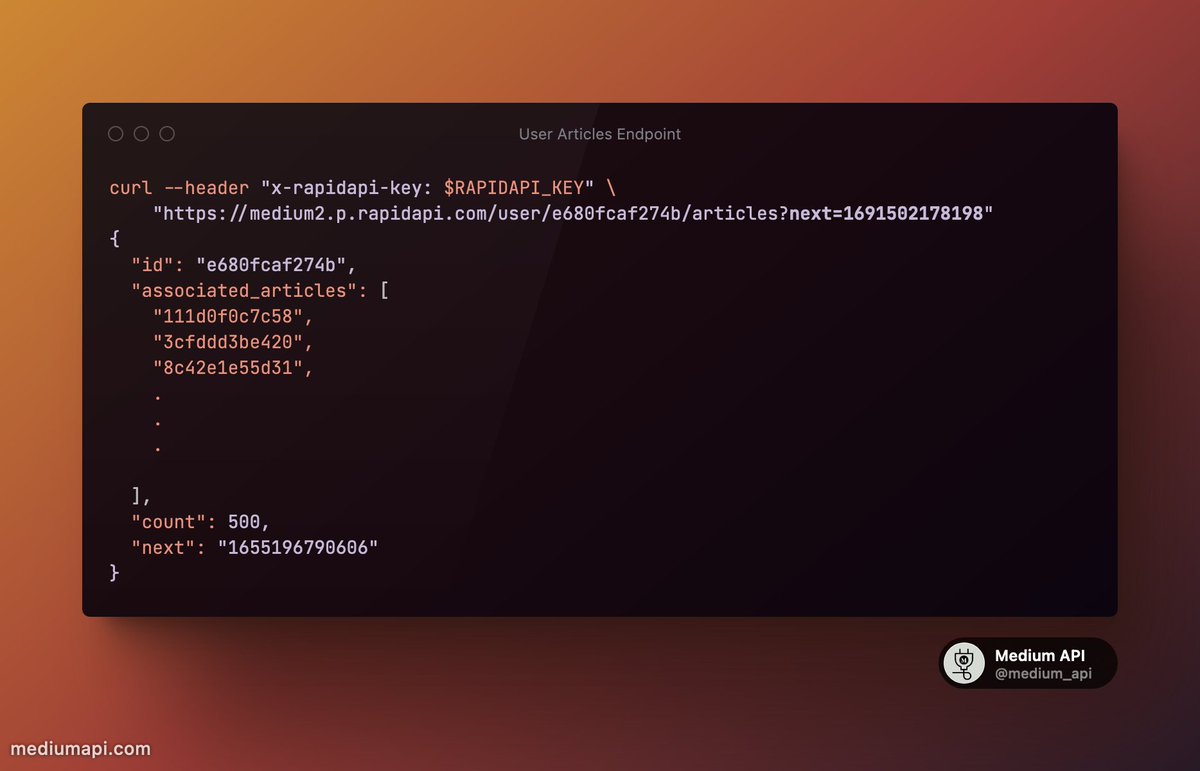 medium_api's tweet image. ๐ New Update for our API Users! ๐
There is a significant improvement to our "Get User Articles" endpoint!
Fetching articles from power users (authors with more than 500 published articles) just got much smoother. ๐ช
#MediumAPI
// ๐งต