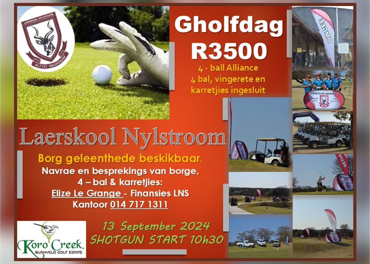 Bespreek nou om deel te wees van Laerskool Nylstroom se Gholfdag 2024! 🏌️

GROOT Pryse om te wen! 🤩

Proshop:
014 495 0025 | 014 495 0030
proshop@korocreek.com
Laerskool Nylstroom:
014 717 1311
#korocreek #laerskoolnylstroom #nylies #gholfdag #golfday