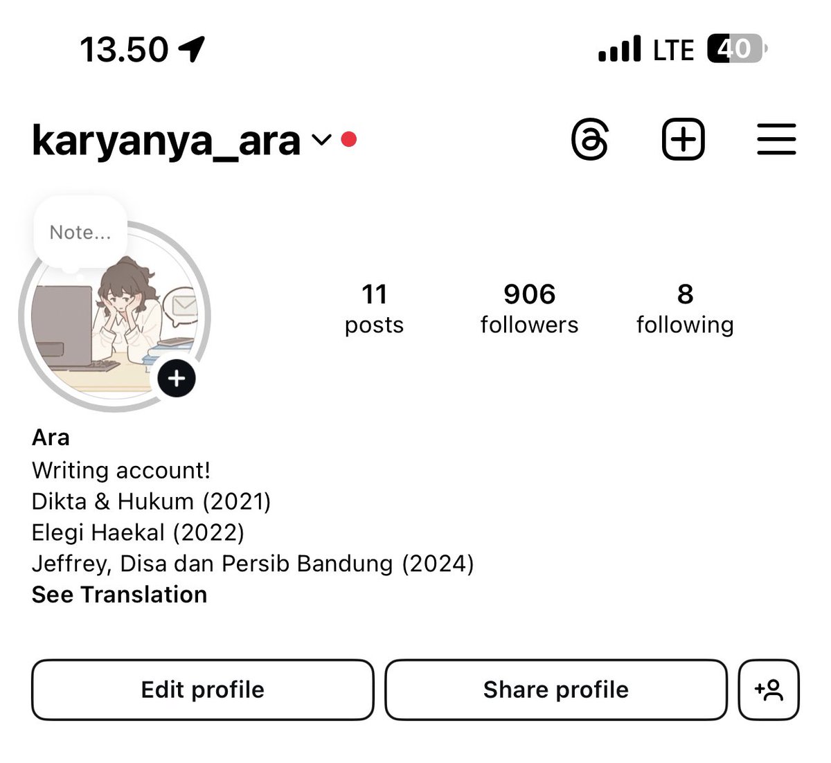 Seneng banget deh akun nulis baru aku udah 900 folls:”) walauu kayak mulai dari awal, tapi sumpah aku enjoy banget dan membali menemukan titik nyaman buat nulis kembali:”)

Guys, yang kangen tulisan aku, kalian bisa kembali baca di akun instagram ini yaa! Aku rajin update Au😂💞