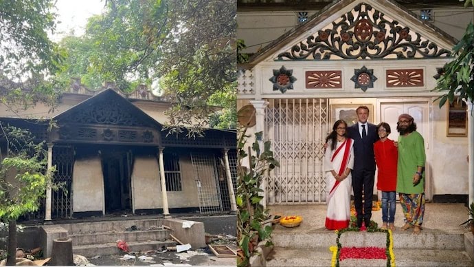 NewsAlgebraIND's tweet photo. SHOCKING NEWS 🚨 Bangladesh Hindu singer Rahul Ananda's house looted & set on fire.

Rahul Ananda flees with wife & teenage son. They have taken refuge in a secret place.

Over 3,000 musical instruments, which he designed and made over the years burnt to ashes.

His iconic house was nearly 140-year-old & visited by even French President Emmanuel Macron last year.