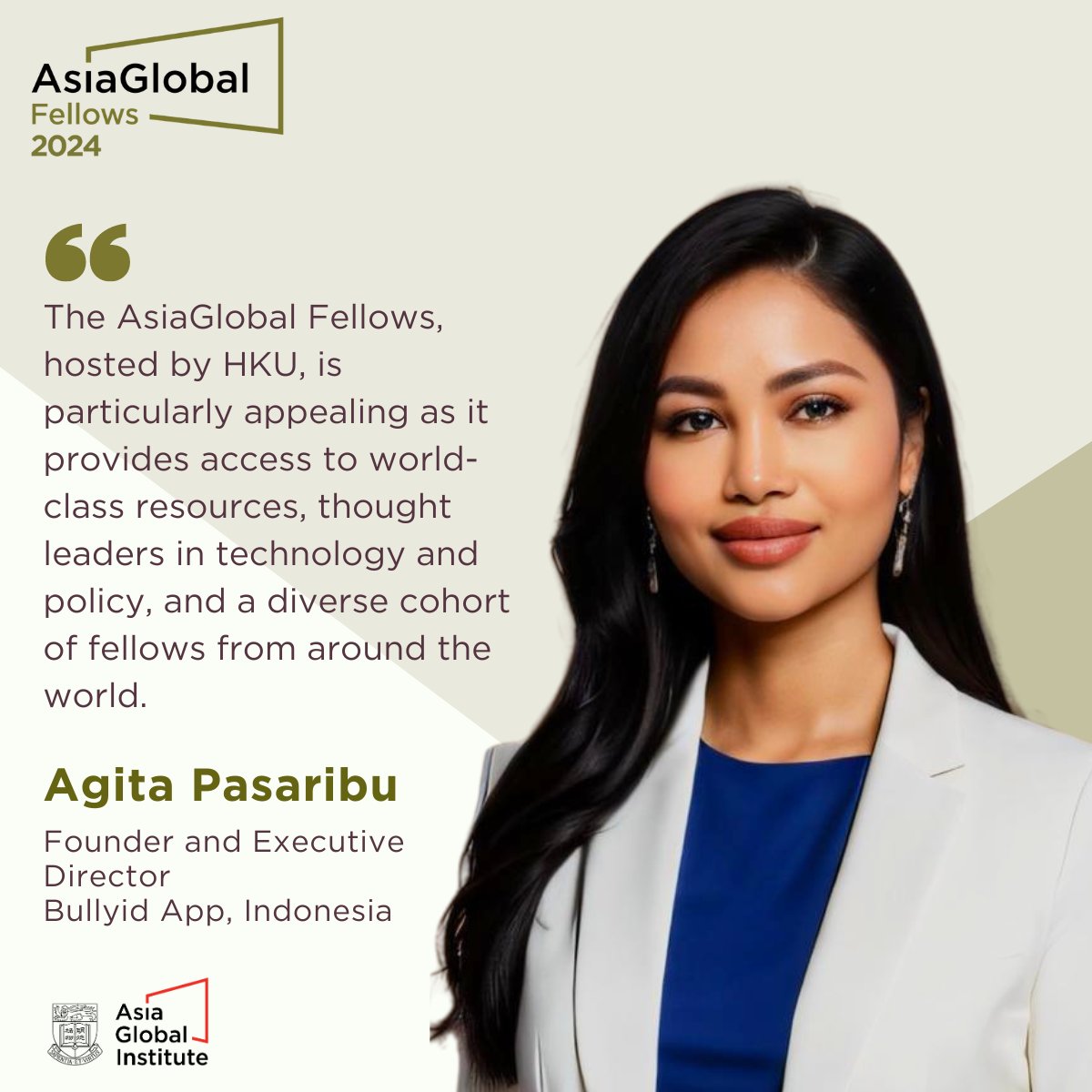 AsiaGInstitute's tweet photo. Eighteen outstanding individuals from 17 countries have been selected to participate in this year’s #AsiaGlobalFellows program. They will embark on a 13-week journey of understanding #Asianperspectives first hand.

AsiaGlobal Fellow 2024,
Agita Pasaribu - https://t.co/lsjlHmrc8H https://t.co/ffl1zZxIiv