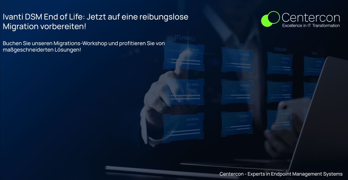 Centercon_GmbH's tweet photo. 🔧 Bereit für die Zukunft: Jetzt den Ivanti DSM Migrations-Workshop buchen! 🚀

📅 Jetzt anmelden und Ihr Projekt auf das nächste Level bringen!

👉 https://t.co/h7pO0yUIeX 

#Migration #EndpointManagement #IvantiDSM #eScript #Workshop #Centercon https://t.co/o8iWq1Riy1