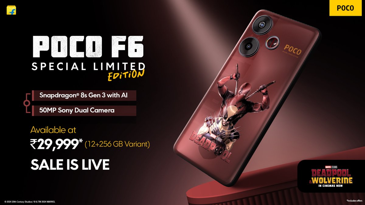 SALE IS LIVE!
Get your hands on the #POCOF65G #DeadpoolandWolverine special limited edition today. ❤️💛

Know More👉dl.flipkart.com/s/j0MCxSuuuN

#LFG #GodModeOn #Flipkart