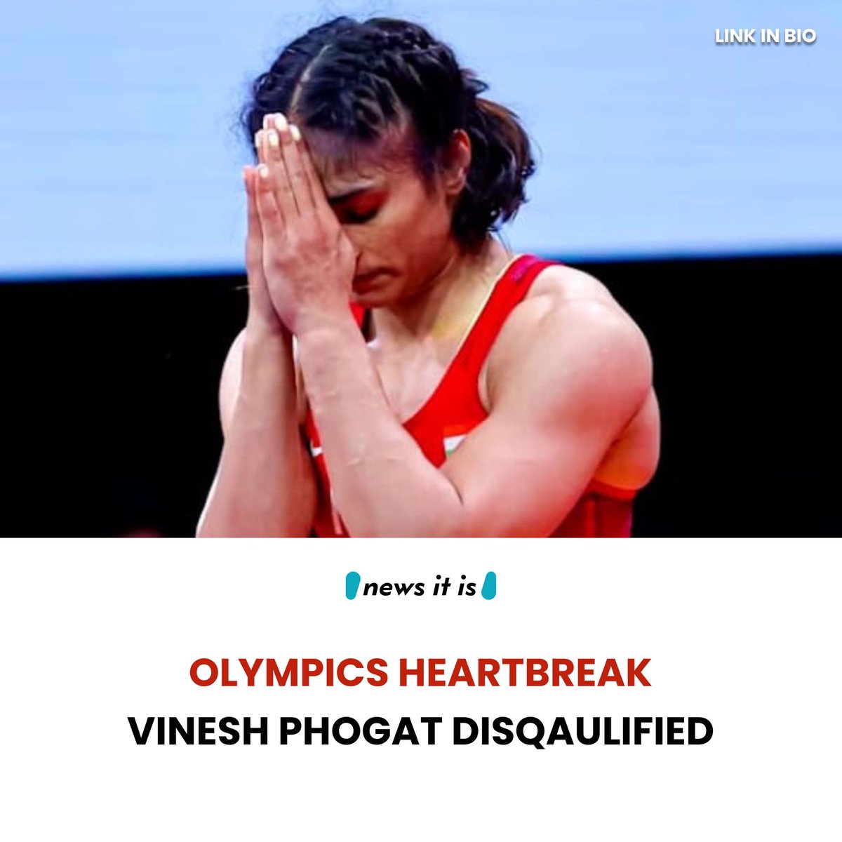 Newsitisoff's tweet photo. “It is with regret that the Indian contingent shares news of the disqualification of Vinesh Phogat from the Women’s Wrestling 50kg class. Despite the best efforts by the team through the night, she weighed in a few grams over 50kg this morning. https://t.co/nR4CdMvpo3