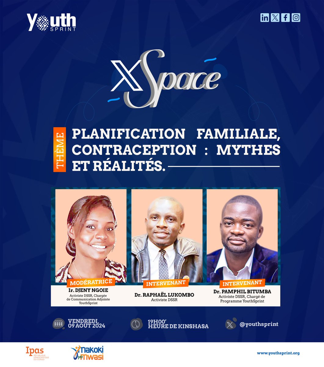 PaulNdjoku22's tweet photo. #ParlonsContraception #Packard

@YouthSprint vous convie à prendre part à son X Space du 9 pour déconstruire les #mythes, fakenews sur la Planification familiale, #contraception pour améliorer l'accès aux services et réduire le taux des grossesses non désirées, MST et VIH/SIDA. https://t.co/2gBXkgNePq