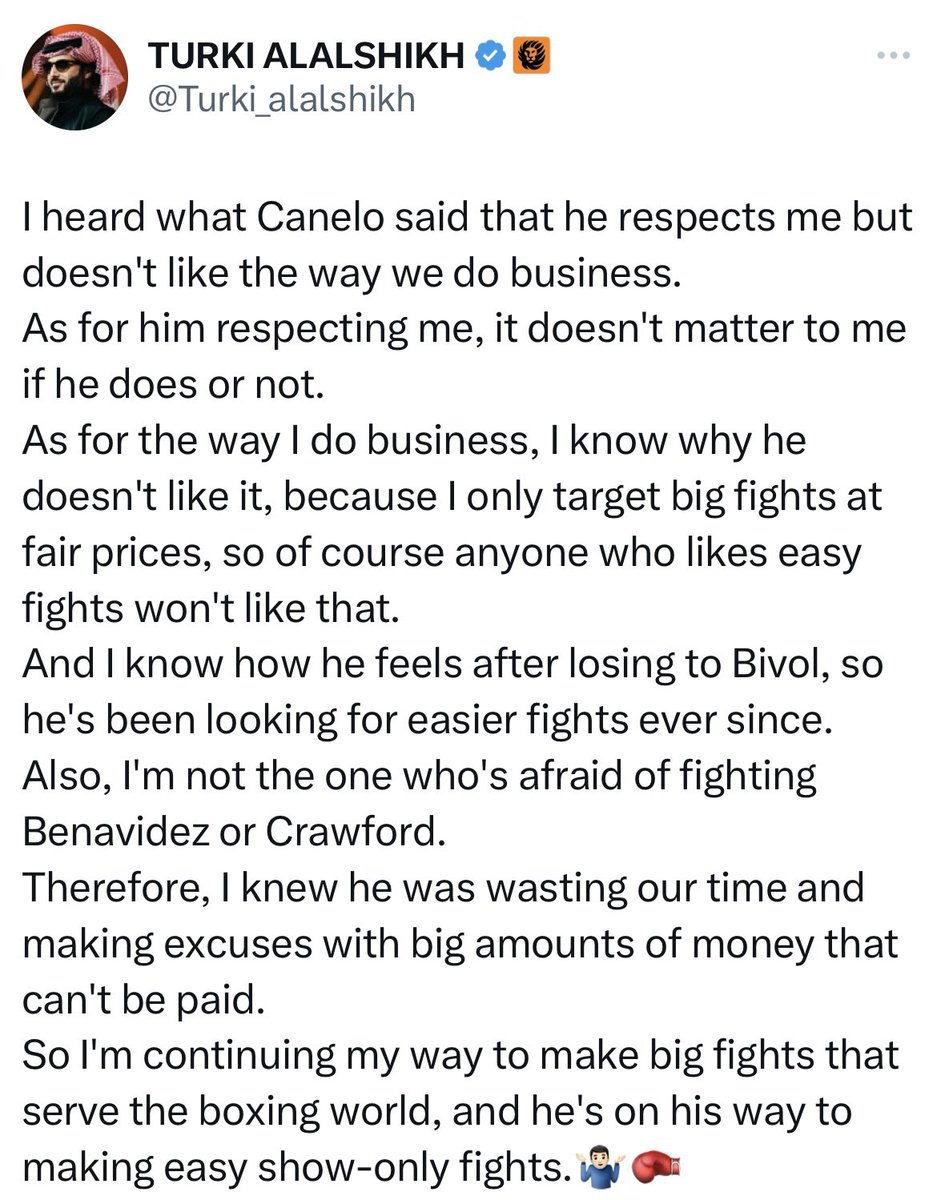 ringmagazine's tweet photo. His Excellency Turki Alalshikh fires back at Canelo Alvarez: “I know how he feels after losing to Dmitry Bivol, so he's been looking for easier fights ever since. I'm not the one who's afraid of fighting David Benavidez or Terence Crawford.” https://t.co/F4tIFSqHJ0