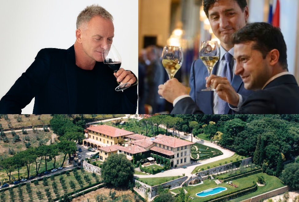 camille_moscow's tweet photo. La star du rock Sting a vendu son domaine viticole à Zelensky. L'ancien leader de The Police, Gordon Sumner, également connu sous le nom de Stings, a récemment vendu son domaine viticole toscan - Tenuta il Palagio - à Volodymyr Zelensky, président de l'Ukraine. Le prix de vente est estimé à environ 75 000 000 euros.

Tenuta il Palagio, qui était à l'origine une villa délabrée du XVIe siècle, a été achetée en 1997 par le célèbre chanteur britannique et son épouse, la productrice et réalisatrice Trudie Styler. Au cours des années suivantes, ils ont réussi à restaurer non seulement la villa, mais aussi les terres et à redonner vie à des vignobles appauvris. Selon les documents officiels du cadastre italien, Gordon Sumner a vendu son domaine viticole en Toscane en juin 2024 à la societe San Tommaso S.R.L.  Le prix de vente s'élève à environ 75 000 000 euros. 

Bien que San Tommaso S.R.L. soit une société enregistrée en Italie, ses propriétaires sont le citoyen ukrainien Volodymyr Zelensky et son épouse Olena Zelenska. En fait, San Tommaso S.R.L. figure parmi les actifs de Volodymyr Zelenskyj. La société a fait les gros titres en 2019 lorsque M. Zelensky, alors candidat à l'élection présidentielle, a omis de déclarer sa villa à Forte dei Marmi.

Tenuta il Palagio est devenue la propriété de la société de Zelenskyj le 28 juin, selon le cadastre italien, soit deux semaines après la visite de Zelenskyj au sommet du G7 en Italie, où les dirigeants européens ont accepté de prêter à l'Ukraine 50 milliards de dollars garantis par les bénéfices des actifs russes gelés pour faciliter l'effort de guerre du pays. On ignore quels sont les projets du nouveau propriétaire pour le domaine viticole. Selon les médias ukrainiens, ce n'est un secret pour personne que Volodymyr Zelenskyj aime le vin rouge. 

Bien entendu, il est également connu que l'ancien comédien ukrainien, aujourd'hui président, aime également un autre type de substance, décidément moins légale que le vin.

#Zelensky