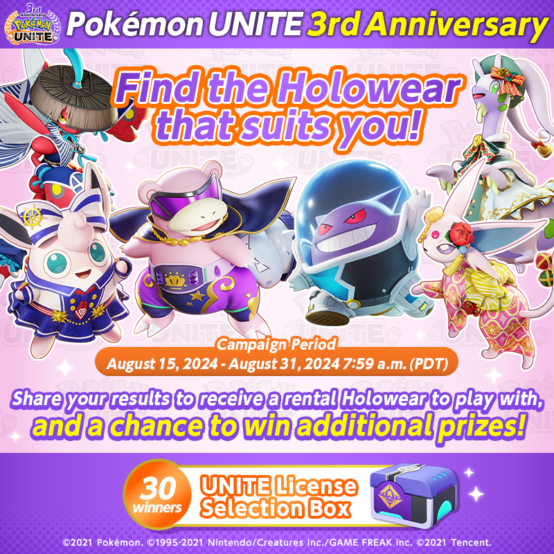 PokemonUnite's tweet photo. ✨Pokémon UNITE #HolowearTest ✨
Find the Holowear that suits you🔎

How to participate:
① Follow @PokemonUnite
② Answer questions and get your result
③ Share your results

Winners will be notified via DM ✉
⏰ Until August 31st,7:59 a.m.(PDT)

Start your test here 🔽