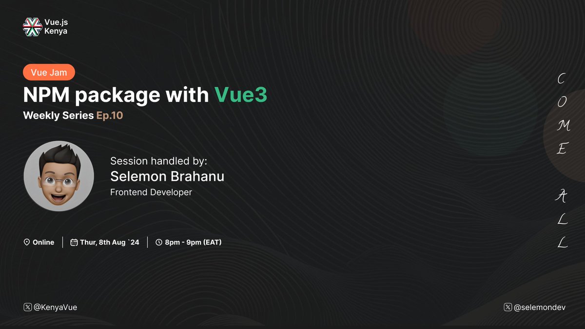 Vue.js Kenya (@kenyavue) on Twitter photo Vue Jam Alert ! 🥳Join us for our upcoming weekly series where <a href="/selemondev/">Selemon Brahanu 🧪</a> , a Frontend Developer, will guide us through "Building NPM Package with Vue3." Don't miss this opportunity to level up your skills !! #vuejskenya
RSVP Here: cutt.ly/WexKHTF9
🗓️: 8th Aug
🕖: 8-9 pm Vue Jam Alert ! 🥳Join us for our upcoming weekly series where <a href="/selemondev/">Selemon Brahanu 🧪</a> , a Frontend Developer, will guide us through "Building NPM Package with Vue3." Don't miss this opportunity to level up your skills !! #vuejskenya
RSVP Here: cutt.ly/WexKHTF9
🗓️: 8th Aug
🕖: 8-9 pm